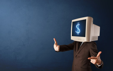 Young person with monitor head, money and cash concept