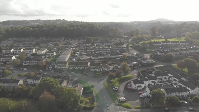 Residential streets & houses in town, aerial drone footage