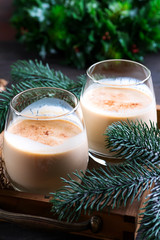 Eggnog Christmas milk cocktail with cinnamon, served in two glasses on vintage tray with fir branch on dark wooden background