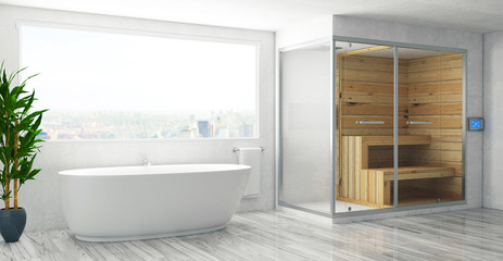 Modern bathroom with bathtub, luxury apartment. 3d rendering