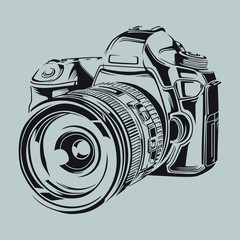 Sketch of DSLR Camera in vector art with grey background
