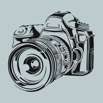 Simple camera hand drawn outline doodle icon. vintage photocamera with lens  and flash vector sketch illustration for print, | CanStock