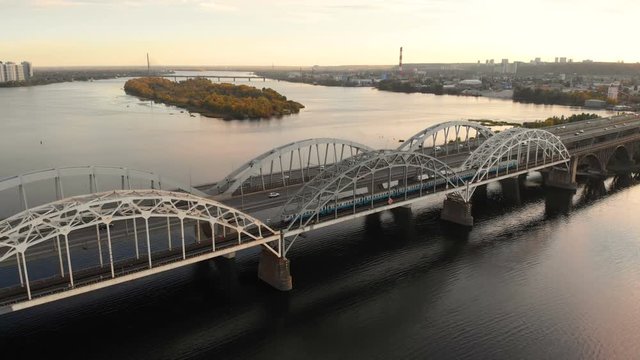 Aerial city bridge train river