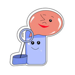 Bright color open jar with soap bubbles. Kawaii bubble and bottle smiles and winks. Flat sticker