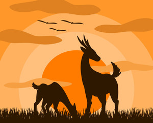 Vector illustration of two deer, mother and child are standing eating grass in the meadow at sunset. The mother protect her children. Shows the love of mother.