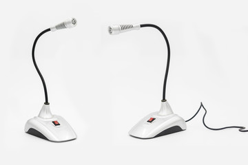 2 computer professional miniature table metal microphone close-up isolated on white background