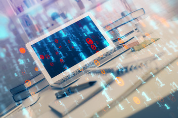 Technology theme drawing and work space with computer. Multi exposure. Concept of innovation.