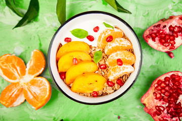 Tropical fruit Breakfast homemade granola yogurt. Healthy