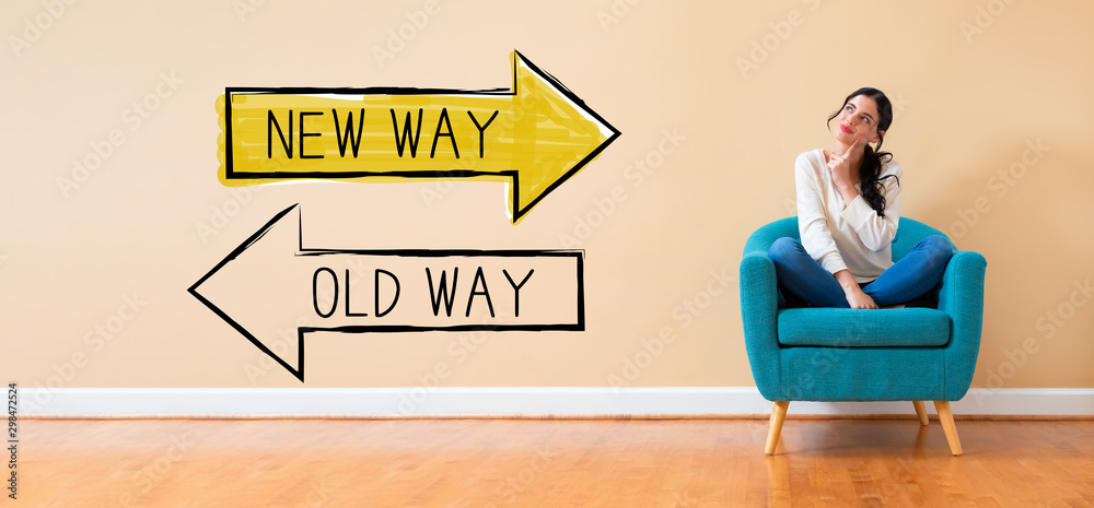 Poster Old way or new way with woman in a thoughtful pose in a chair