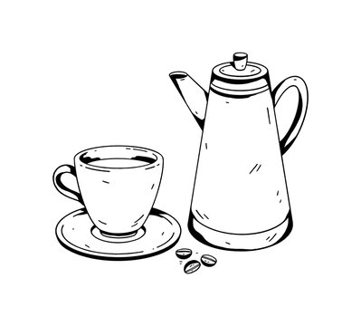 Coffee break. A cup and a coffee pot. Hand drawn image.