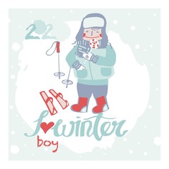 Fototapeta na wymiar I love winter 2020. Boy with skis and Lollipop on winter background. Typography, vector design for holiday cards, posters, banners. Vector illustration.