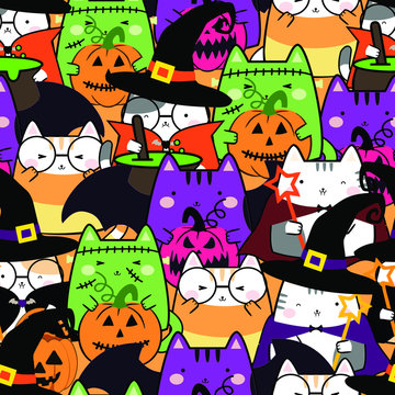 Seamless pattern in kawaii cute cat costume for Halloween. Cartoon Animals Background, Vector Illustration