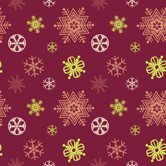 Christmas festive seasonal seamless pattern. Colorful snowflakes over dark red background
