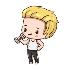 Vector illustration of cute chibi character isolated on white background. Cartoon boy in sport wear isolated on white background. The boy holds dumbbells in her hands.