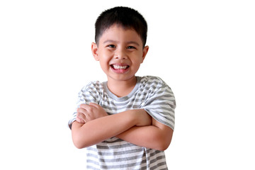 Cute Asian child happy face smiling with crossed arms isolated on white background. Happy childhood concept.