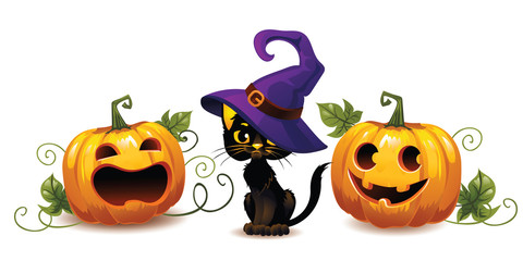 Black cat in a witch's hat and halloween pumpkins. Horizontal banner for Halloween. Illustration on an isolated background.