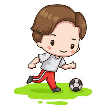 Vector illustration of cute chibi character. Cartoon boy in sport wear with ball isolated on white background. 