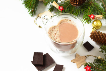 Cocoa drink with chocolate with a Christmas composition. Isolate on white background.