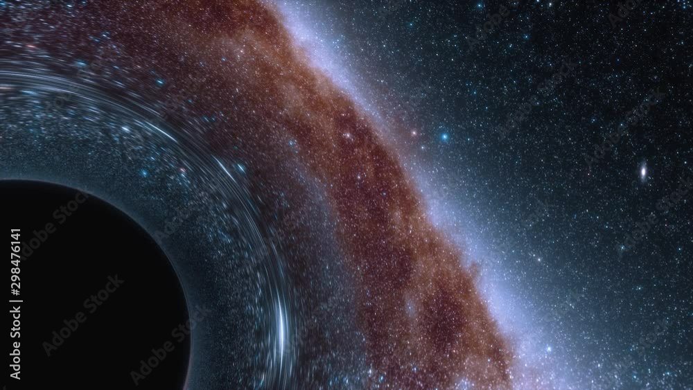 Wall mural animation of a black hole in space. space, light and time are distorted by strong gravity on the eve