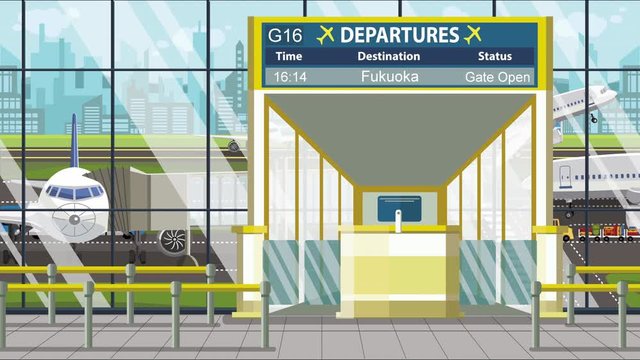 Airport terminal. Departure board above the gate with Fukuoka text. Travel to Japan loopable cartoon animation