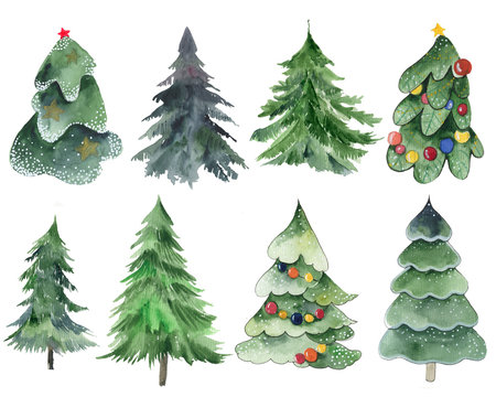 .Set of Christmas trees on a white background. Pine trees with a garland. Watercolor set of trees. Evergreen christmas plants. 2020
