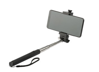 selfie stick with phone isolated without shadow clipping path
