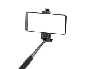 selfie stick with phone isolated without shadow clipping path