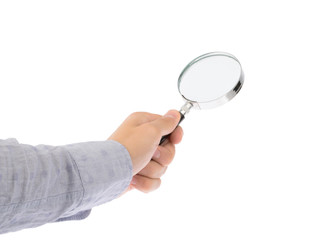 Hand holds magnifying glass isolated on white background clipping path