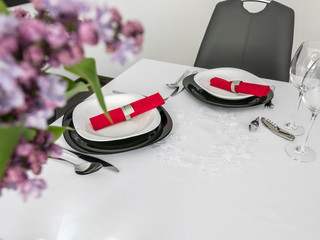 Table for two prepared for meal in restaurant