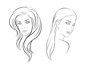 girl face long hair portrait isolated on white background. hand drawn vector illustration