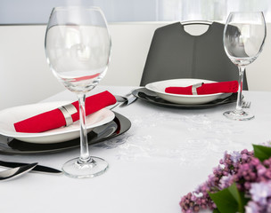 Two glass of wine prepared for meal in restaurant