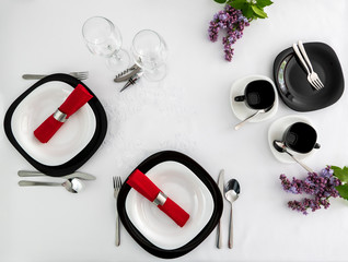 Tableware for two prepared for meal in restaurant
