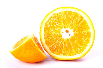 half and slice of sliced orange on a white background