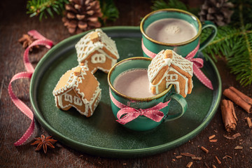 Cute gingerbread cottages with tasty chocolate for Christmas