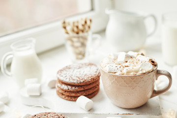 Fototapeta na wymiar Christmas cookies, milk, cocoa, marshmallows, meringue on a white plate by the window