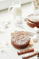 Christmas cookies and marshmallows on a white background by the window