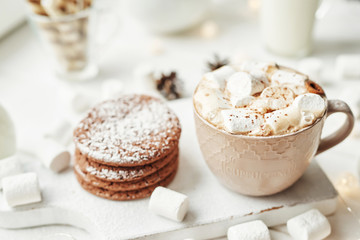 Christmas cookies, milk, cocoa, marshmallows, meringue on a white plate by the window