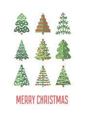 Flat set of Christmas trees. Holidays background. Abstract  line art drawing woods. Vector Holidays illustration