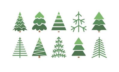 Obraz premium Flat set of Christmas trees. Holidays background. Abstract line art drawing woods. Vector Holidays illustration