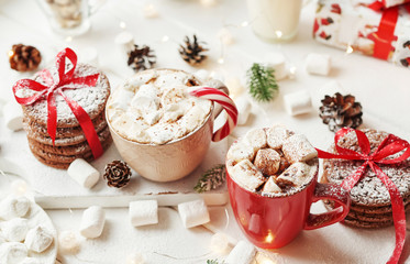 Christmas cookies, milk, cocoa, marshmallows, candies on a white plate by the window