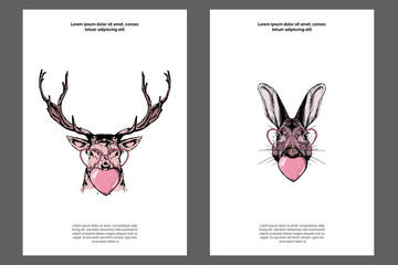 Deer and wild rabbit in pink hearts- glasses with bubble- gum. Modern romantic posters templates set