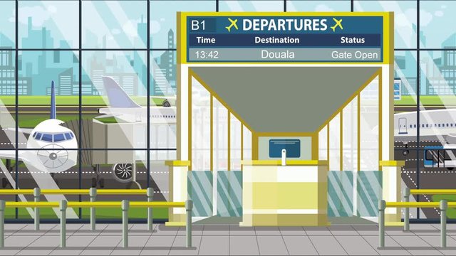 Airport gate. Departure board with Douala text. Travel to Cameroon related loopable cartoon animation