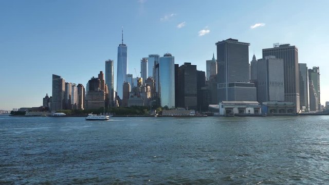New York Waterfront, Lower Manhattan Cityscape From Ferry Approaching Staten Island Station Slow Motion