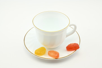 Photo of an empty white cup with a plate on a light background. The concept of lunch, breakfast.