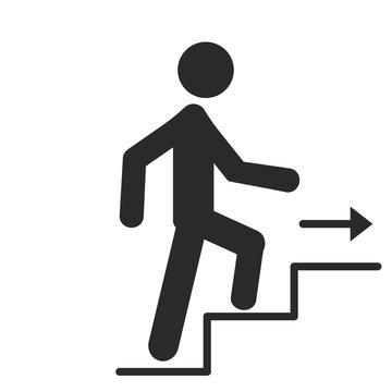 A man goes up the stairs with an arrow, growth of business concept and the path to success, icon design vector illustration isolated on white background