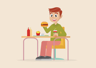 Cartoon character, Man eating fast food.