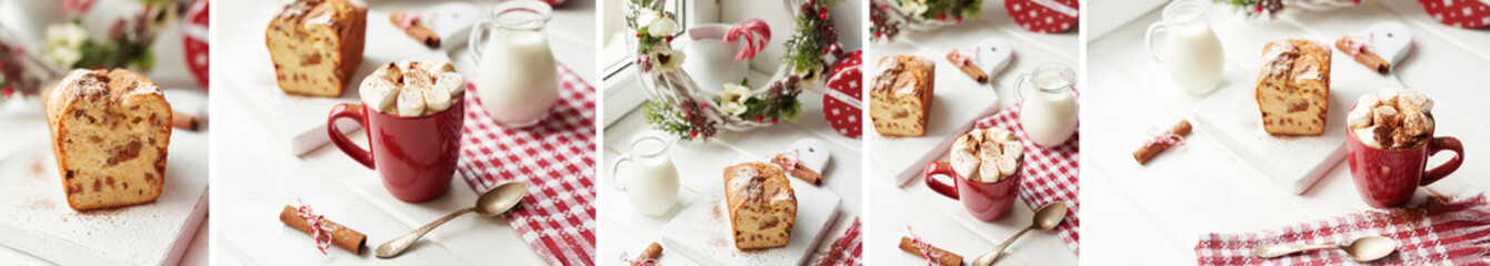 Christmas cake, milk, cocoa with marshmallows, cinnamon on a white background by the window