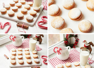 Christmas cookies, milk, cocoa, marshmallows, meringues on a white background by the window