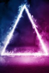 Empty background scene. Dark street reflection on wet asphalt. Neon triangle shape in the dark, smoke. Background of an empty stage show. Abstract dark background.