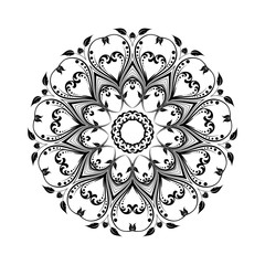 Round black mandala on white isolated background. Decorative ornament in ethnic oriental style.